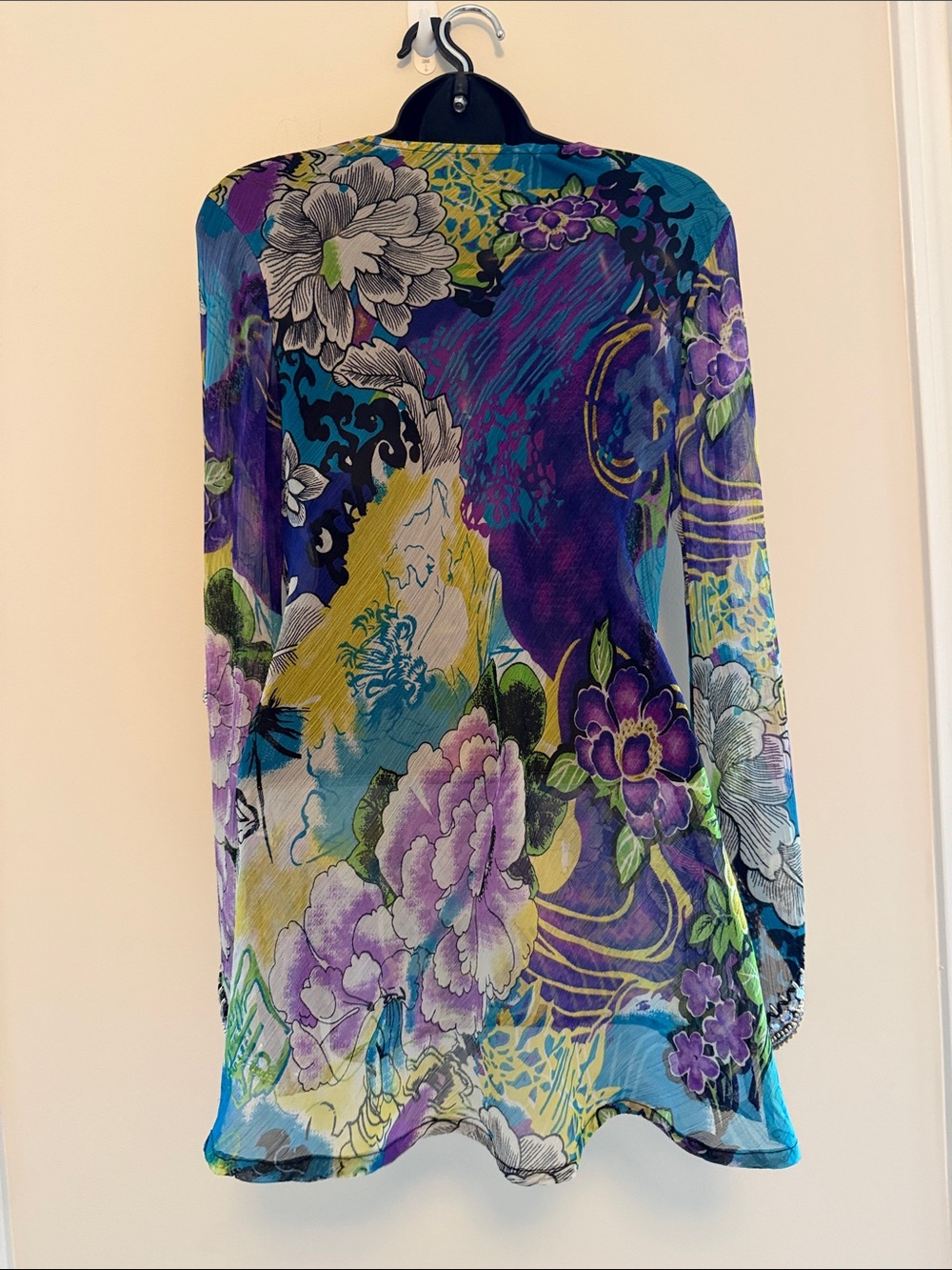 Embellished Deep V-Neck Floral Long-Sleeve Top - Purple/Blue - Picture 4 of 4